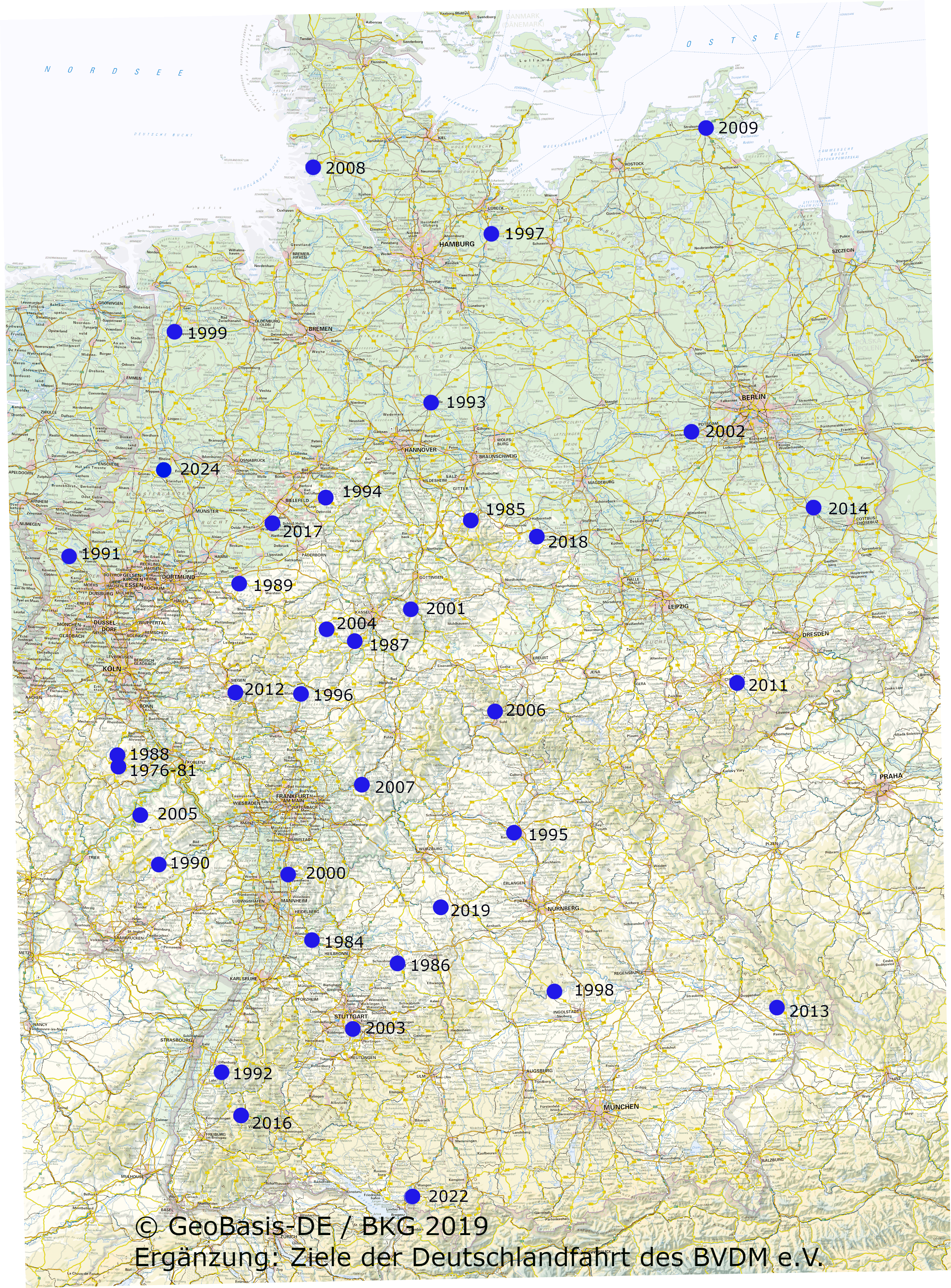 40 Jahre Deutschlandfahrt Karte mit allen Zielorten der Deutschlandfahrt